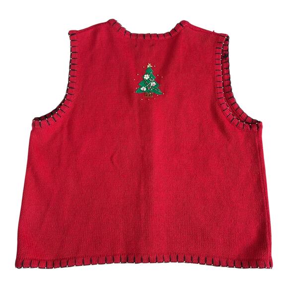 Vintage Christmas Embroidered Beaded Red Knit Vest L Grandma Old Money Preppy - Picture 6 of 7
